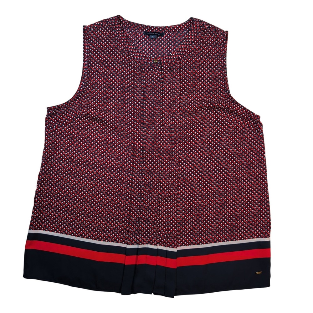 Tommy Hilfiger Sleeveless Blouse Women XL Red Geometric Pleated Hem Top